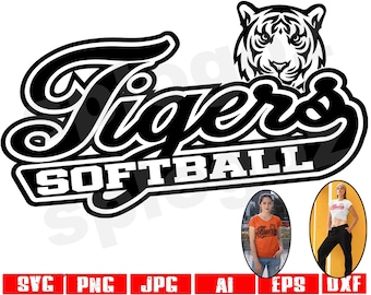May include: Black and white graphic design of a tiger head with the text "Tigers Softball" in a bold, cursive font.