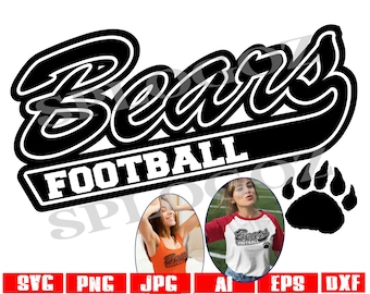 May include: Black and white graphic design with the text "Bears Football" in a white banner. The graphic design features a stylized bear paw print and a bear head silhouette.