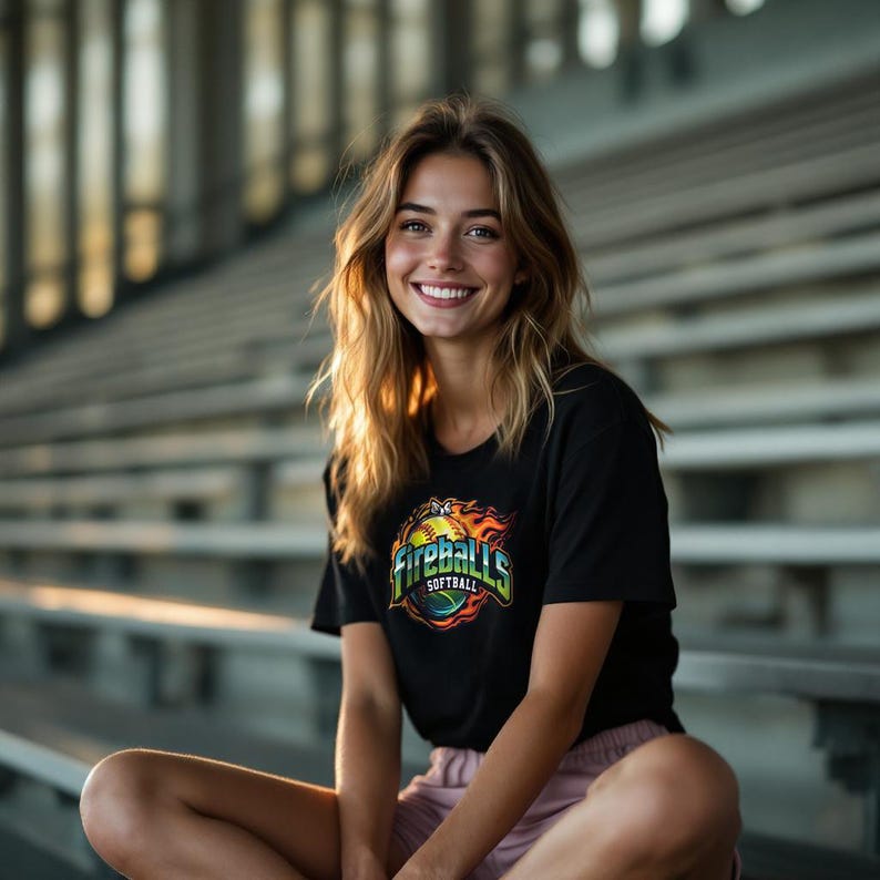 May include: Black t-shirt with a colorful "Fireballs Softball" graphic. The design features a softball engulfed in flames with text in green and yellow. The person is wearing pink shorts and is smiling.