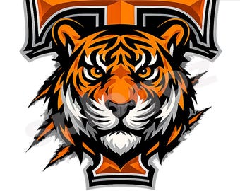 Tigers Mascot Head PNG letter T for dtf transfers and sublimation school design team logo instant download