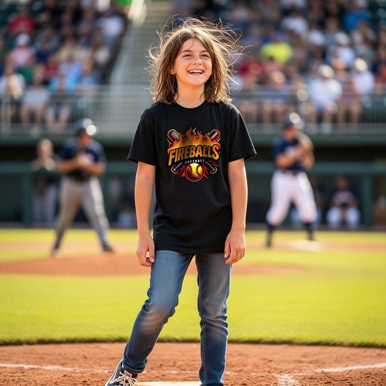 May include: A person wearing a black t-shirt with the words "Fireballs Softball" in orange and yellow. The shirt features a softball design with flames and bats. The person is wearing blue jeans and standing on a baseball field.