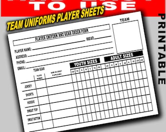 Team sports template, jersey template, team uniform, baseball sheets, basketball template, sports organizer, order form printable, Team