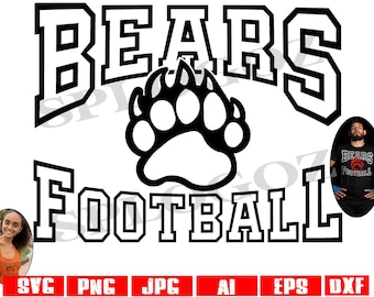May include: Black and white graphic design featuring the word "BEARS" in large, bold letters with a paw print in the center and the word "FOOTBALL" below.