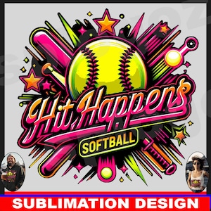 Hit Happens-softbal png, Hit Happens aangepast softballogo, sublimatie png, Hit happen png, sportshirt png, beker png, DTF-overdracht