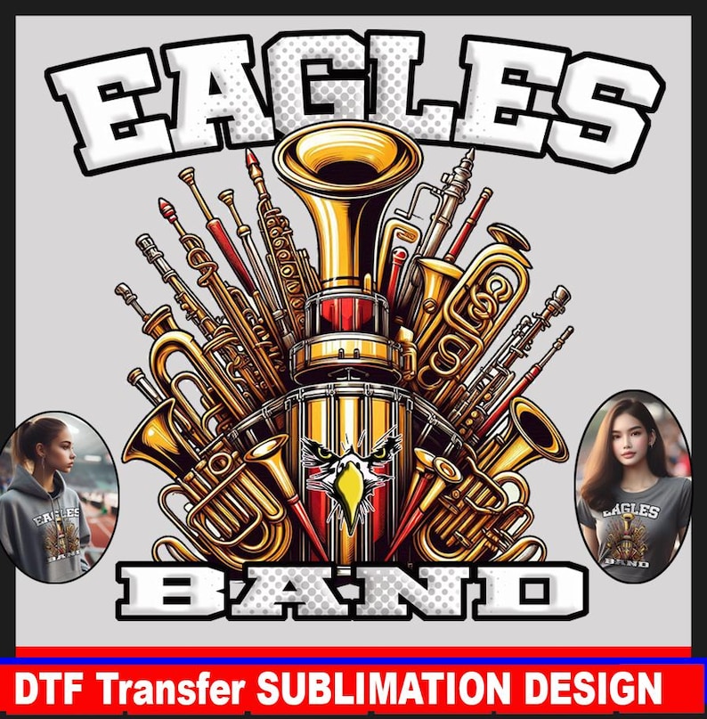 K&ouml;nnte beinhalten: Ein Grafikdesign mit einer Gruppe von Musikinstrumenten, darunter Trompeten, Posaunen und Klarinetten, die in einem Kreis angeordnet sind. Die Instrumente sind golden und silbern, und das Design enth&auml;lt die Worte "Eagles Band" in wei&szlig;en Buchstaben mit schwarzem Umriss.