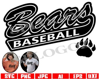 Pode incluir: Design gráfico preto e branco com o texto "Bears Baseball" em uma fonte em negrito e estilizada. Uma pegada de pata está incluída no design.