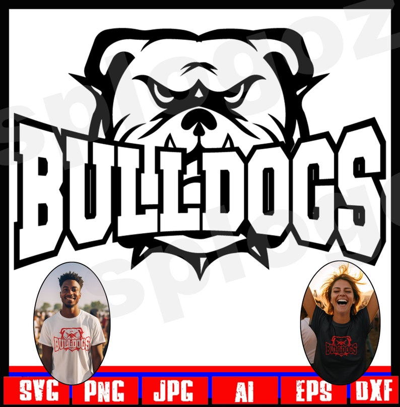 Op de afbeelding: Zwart-witte illustratie van een bulldog met het woord "Bulldogs" in witte letters. De afbeelding is geschikt voor gebruik als logo, designelement of voor het maken van knutselwerk.