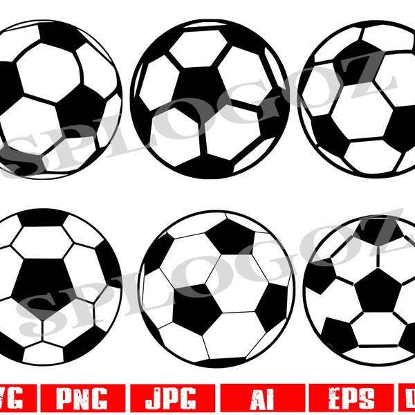 Soccer Ball clip art digital file, 6 different soccer balls, soccer balls for team designs, svg, dxf, AI, png, jpg, eps Cricut & Silhouette