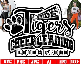 May include: Black and white graphic design with the text "Pride Tigers Cheerleading Loud & Proud" with a paw print and a megaphone.