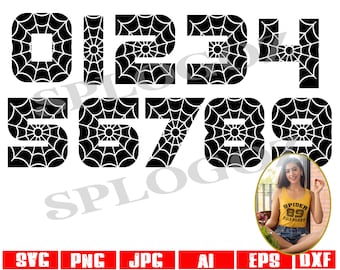 May include: Black and white numbers 0 through 9 with a spiderweb design. The numbers are in a bold, blocky font.