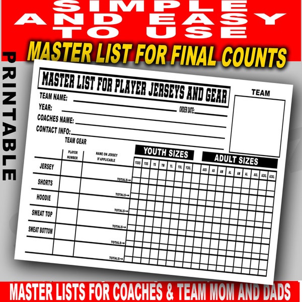 Sports order form, Sport template, Sport organizer, Team mom, Team Dad, Sports Jersey sheets, Jersey template, Sports team order form