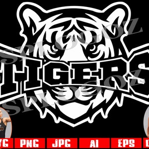 Easy to use Tigers mascot SVG cut file for Cricut or Silhouette with school pride logo PNG perfect for spirit wear sublimation dark shirts