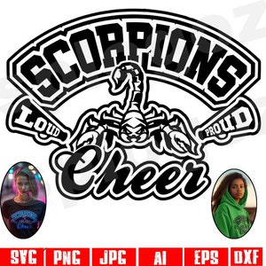 Skorpion cheer svg Skorpiony cheerleading svg Skorpiony maskotka ducha szkoły svg Skorpiony duch noszą logo szkoły png projekt szkoły Cricut svg