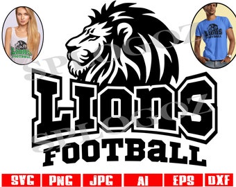 May include: Black and white graphic design of a lion's head with the word "Lions" in a bold font and the word "Football" below it.