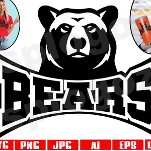 Op de afbeelding: Zwart-wit grafisch ontwerp van een berenkop met het woord "BEARS" in een vet, wit omlijnd lettertype.
