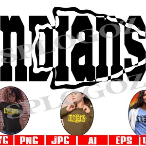 May include: A digital design file for a t-shirt featuring the word "Indians" in a bold, black font with a stylized arrow design. The design is shown on three different t-shirts, one black, one brown, and one blue.