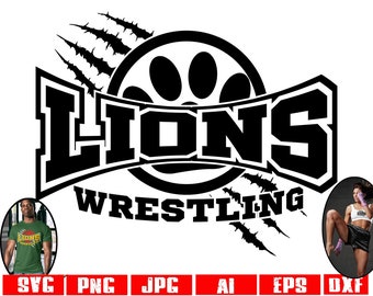 Puede incluir: Diseño gráfico en blanco y negro de una huella de pata con el texto "LIONS WRESTLING" en una fuente negra en negrita. El diseño está rodeado de marcas de garras.