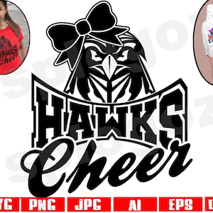 Könnte beinhalten: Schwarzweißes Grafikdesign mit einem stilisierten Habicht mit Schleife auf dem Kopf. Der Text "Hawks Cheer" steht unter dem Habicht.