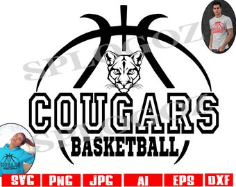 May include: Black and white graphic design featuring a basketball with a cougar head in the center. The word "COUGARS" is above "BASKETBALL" in a bold, block font. Includes images of a t-shirt and hoodie with the same design.