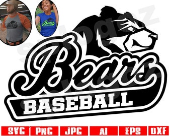 Pode incluir: Logotipo de equipe de beisebol preto e branco com uma cabeça de urso e o texto "Bears Baseball".
