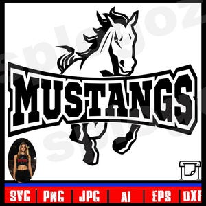 Archivo de corte SVG de la mascota Mustangs para Cricut y Silhouette, diseño PNG de orgullo escolar imprimible para camisetas personalizadas y logotipos de equipos deportivos.