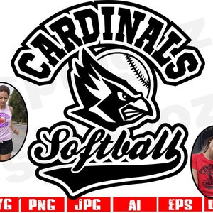 Puede incluir: Diseño gráfico en blanco y negro de un logotipo de equipo de softbol. El logotipo presenta un pájaro cardenal con una pelota de béisbol, las palabras "Cardinals Softball" y una forma de diamante de béisbol.