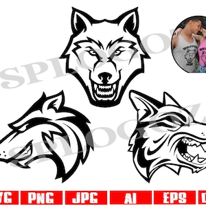 Puede incluir: Tres ilustraciones de cabezas de lobo en blanco y negro. Las cabezas de lobo están mirando hacia adelante con la boca abierta y los dientes visibles. Las ilustraciones están en un estilo gráfico simple.