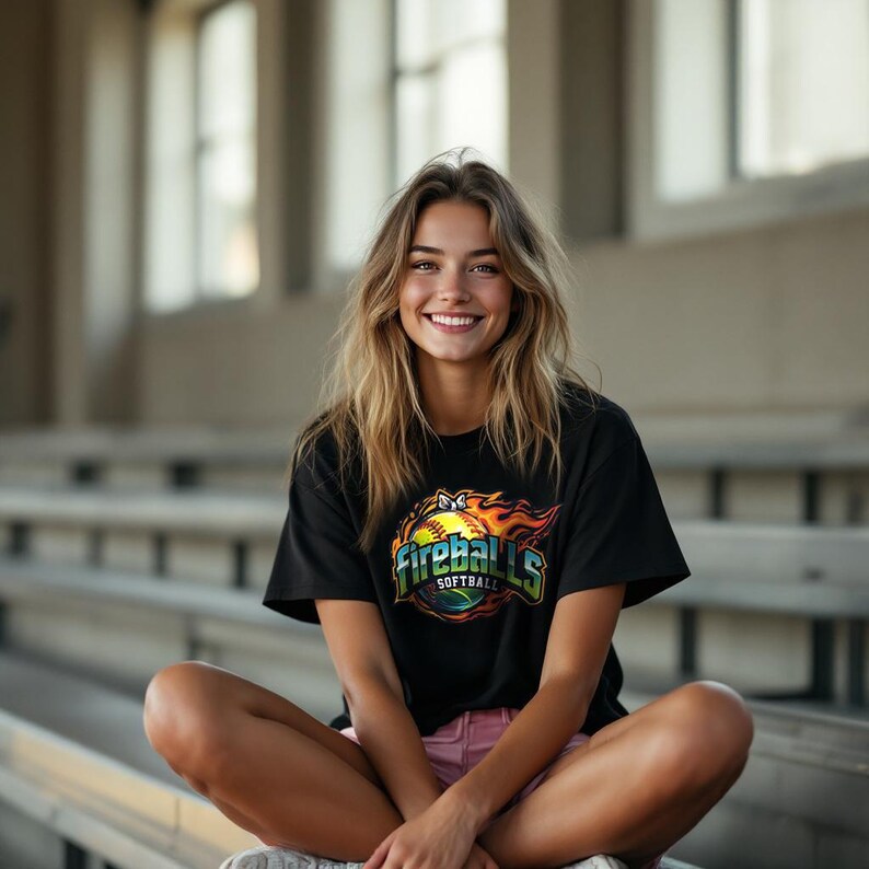May include: A black t-shirt featuring a softball design with the text "Fireballs Softball" in a colorful, dynamic graphic. The shirt is worn by a person sitting with legs crossed, smiling. The person is wearing pink shorts.