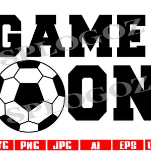 May include: Black and white graphic design with the text "GAME ON" and a football.