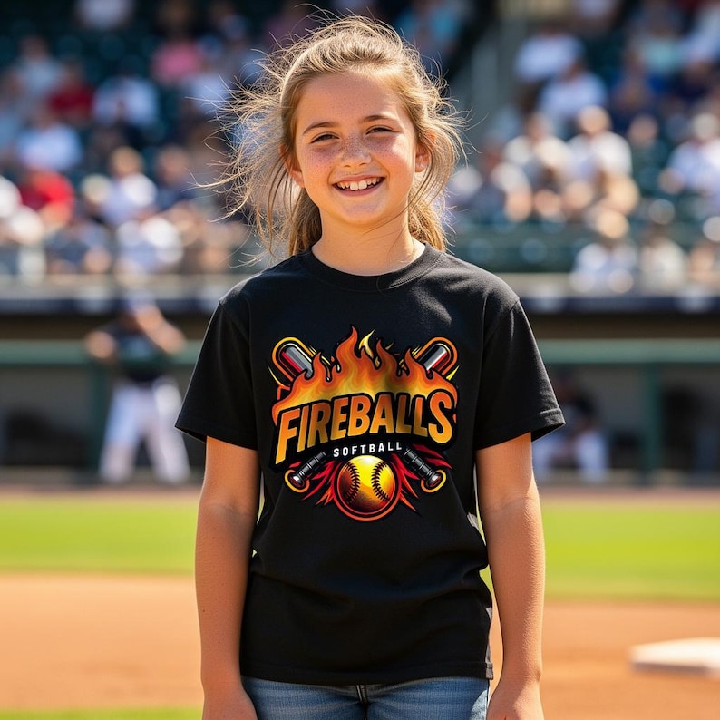 May include: A black t-shirt with the words "Fireballs Softball" in yellow and orange, featuring a softball design with flames and bats. The shirt is worn by a person standing on a baseball field.