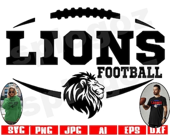 May include: Black and white graphic design featuring a football with the word "LIONS" and "FOOTBALL" in large, bold letters. A lion's head is in the centre of the design.