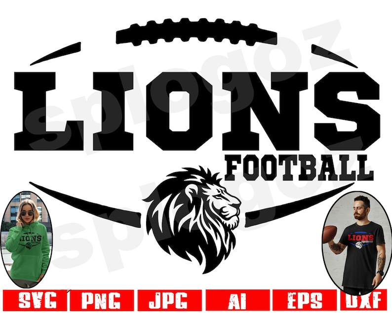May include: Black and white graphic design featuring a football with the word "LIONS" and "FOOTBALL" in large, bold letters. A lion's head is in the center of the design.