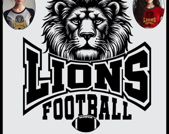 May include: Black and white illustration of a lion's head wearing a football helmet. The text "Lions Football" is below the lion's head.