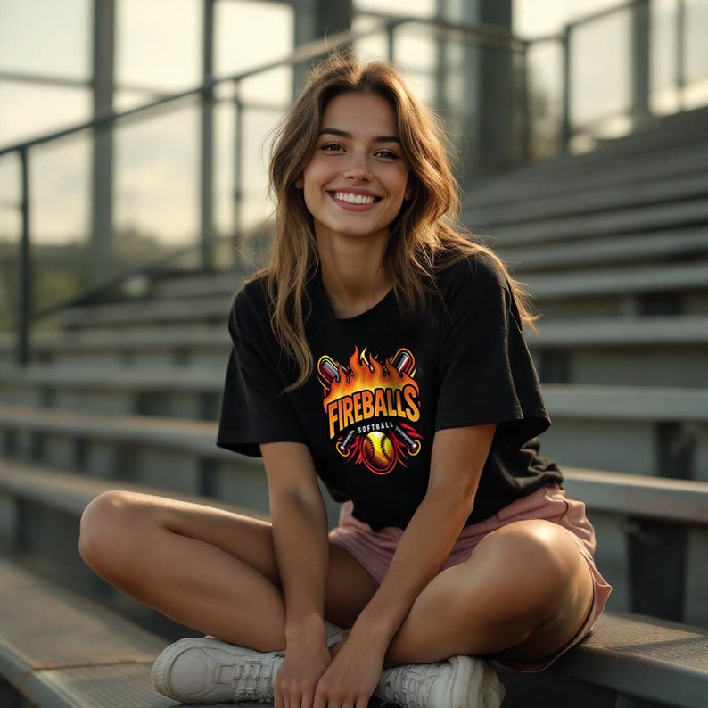 May include: A black t-shirt with the words "Fireballs Softball" in a fiery design. The shirt features a softball, bats, and flames. The person is wearing pink shorts and white trainers.