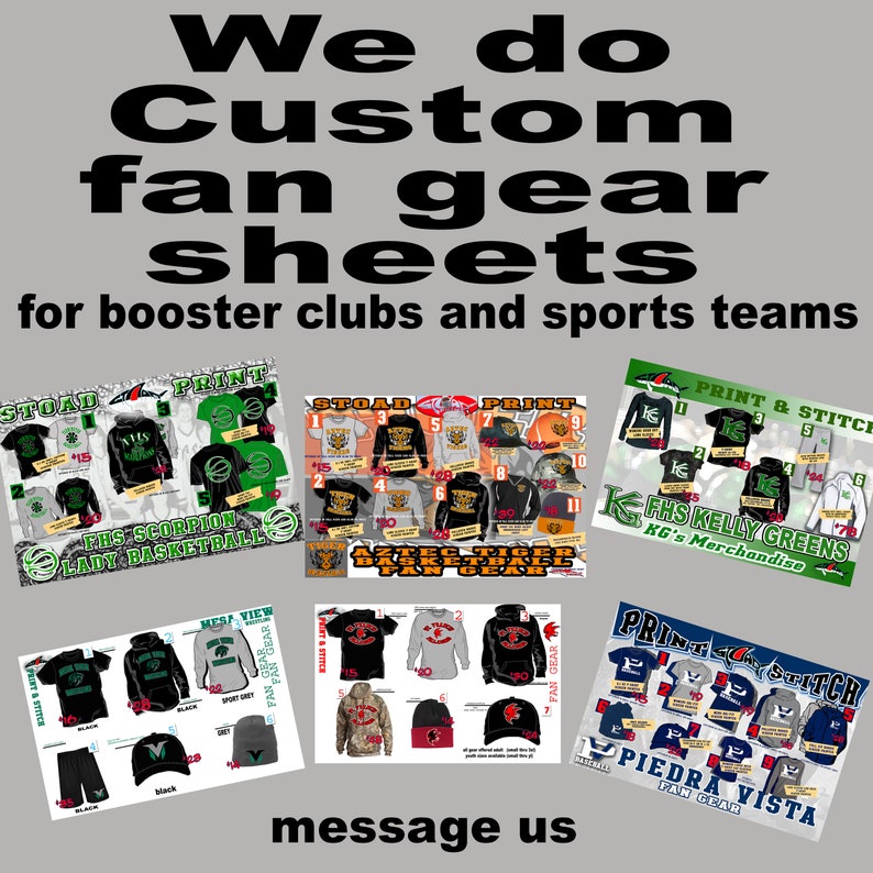 K&ouml;nnte beinhalten: Bild zeigt individuelle Fanartikel-Bl&auml;tter f&uuml;r Booster-Clubs und Sportteams. Die Bl&auml;tter zeigen verschiedene Kleidungsst&uuml;cke wie Hoodies, T-Shirts und M&uuml;tzen mit Teamlogos und -farben. Der Text "We do custom fan gear sheets" ist deutlich sichtbar.