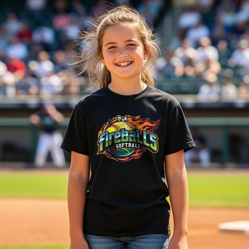 May include: A black t-shirt with the words "Fireballs Softball" in a colorful design featuring a softball and flames. The shirt is worn by a person standing on a baseball field.