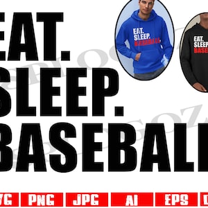 May include: A black and white graphic design with the text "EAT. SLEEP. BASEBALL."  Two images of people wearing hoodies with the same text on the front are shown in the background.