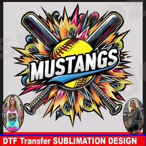 Logotipo de softball Mustangs PNG, logotipo personalizado de softball Mustangs, sublimação PNG, Mustangs PNG, camisa esportiva PNG, copo PNG, arquivos de transferência DTF