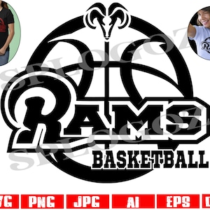 Svg de basket-ball des béliers, svg de basket-ball des béliers, svg des béliers, bélier svg fichier numérique de coupe, cricut de fierté de l'école et Silhouette sports béliers png dxf svg