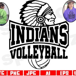 Svg de volley-ball indiens svg de volley-ball indien mascotte de l'école png logo designs école esprit chemise fan chemise volley-ball indiens clipart Cricut