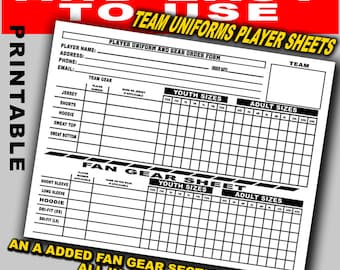 Sports team template, Sports team order form, player order form, sports sheets, uniform order template, Team uniform, team gear template