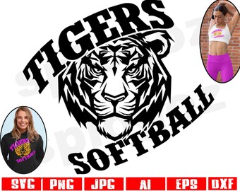 May include: Black and white graphic design of a tiger's head with the text "Tigers Softball" around it. The image also includes a smaller image of a girl wearing a pink shirt with the text "Tigers Softball" on it.