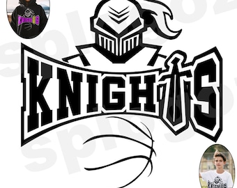 Può includere: Design grafico in bianco e nero di una palla da basket con un elmo da cavaliere e la parola "Knights" in grassetto.