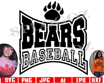 Pode incluir: Design gráfico em preto e branco de um logotipo de equipe de beisebol. O logotipo apresenta uma impressão de pata de urso, a palavra "Bears" em negrito e as palavras "Baseball" em uma fonte menor.