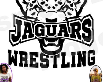 Puede incluir: Ilustración en blanco y negro de un jaguar con la boca abierta, con el texto "JAGUARS WRESTLING" debajo.