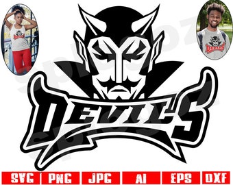 May include: Black and white graphic of a devil's head with the word "Devils" in a stylized font. The devil has horns and a stern expression. The image is suitable for apparel and merchandise.