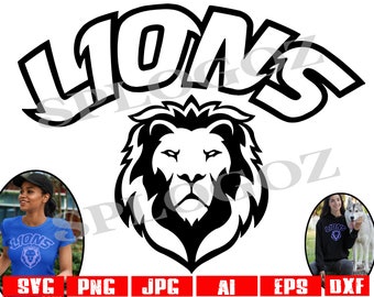 May include: Black and white graphic design of the word "LIONS" with a lion's head in the centre. The lion's head is facing forward with a serious expression.
