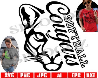 May include: Black and white graphic design featuring a cougar head with the text "Cougar Softball" in a stylized font.