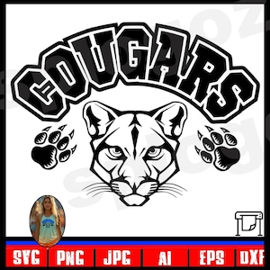 Cougar mascotte SVG- en DXF-bestand voor Cricut en Silhouette, afdrukbaar schoolgeest-pootlogo voor aangepaste teamshirts en sportkleding