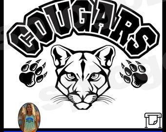 Cougar mascotte SVG- en DXF-bestand voor Cricut en Silhouette, afdrukbaar schoolgeest-pootlogo voor aangepaste teamshirts en sportkleding
